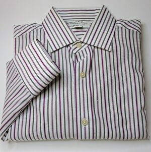 Banana Republic Men’s Non-Iron Slim Fit Dress Shirt – Burgundy & Gray Stripe (S)